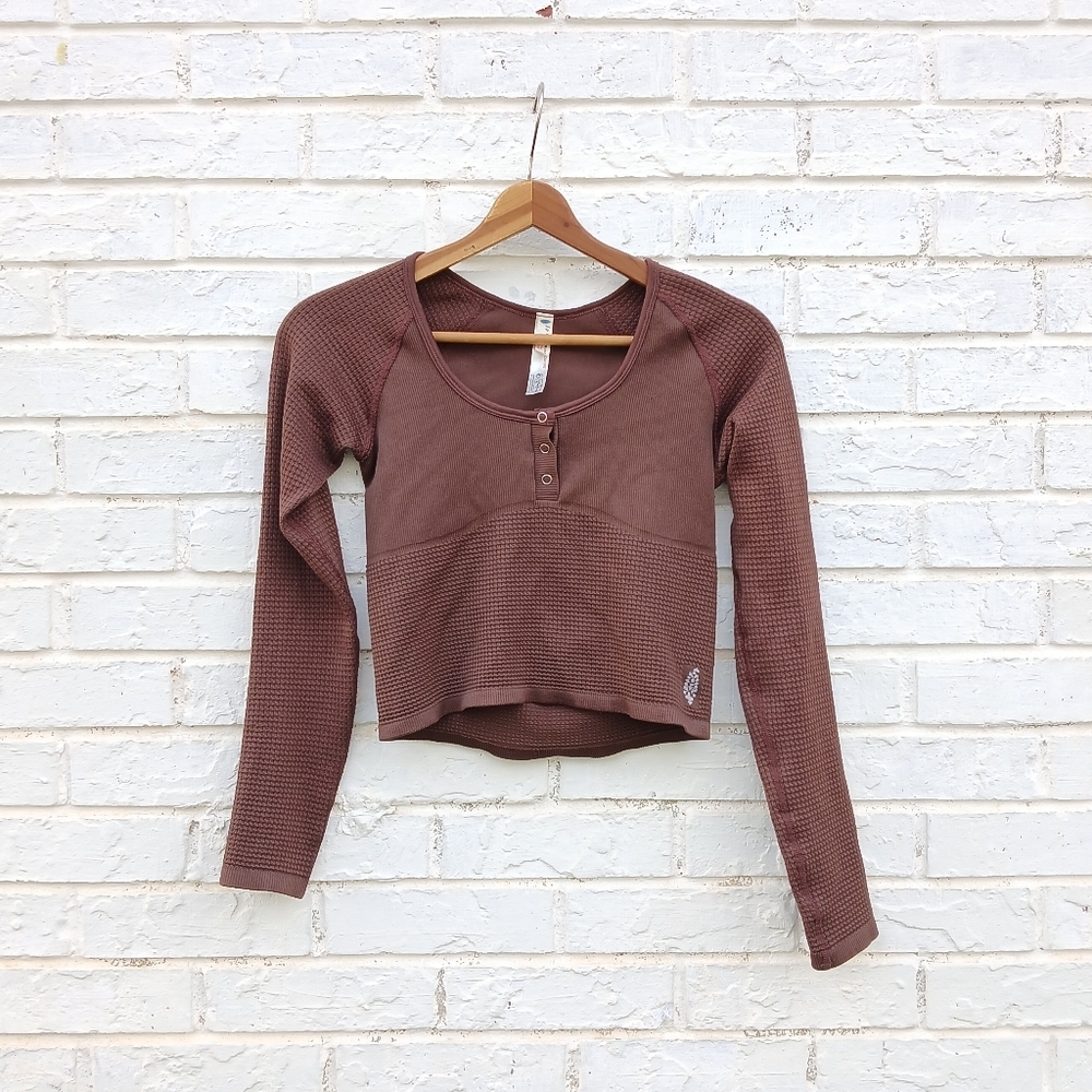 FP Movement by Free People Chocolate Brown Long Sleeve Waffle Henley - Picture 4 of 8